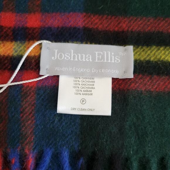 Joshua Ellis tartan 100% cashmere scarf in new green/scarlet red/blue - Picture 6 of 8